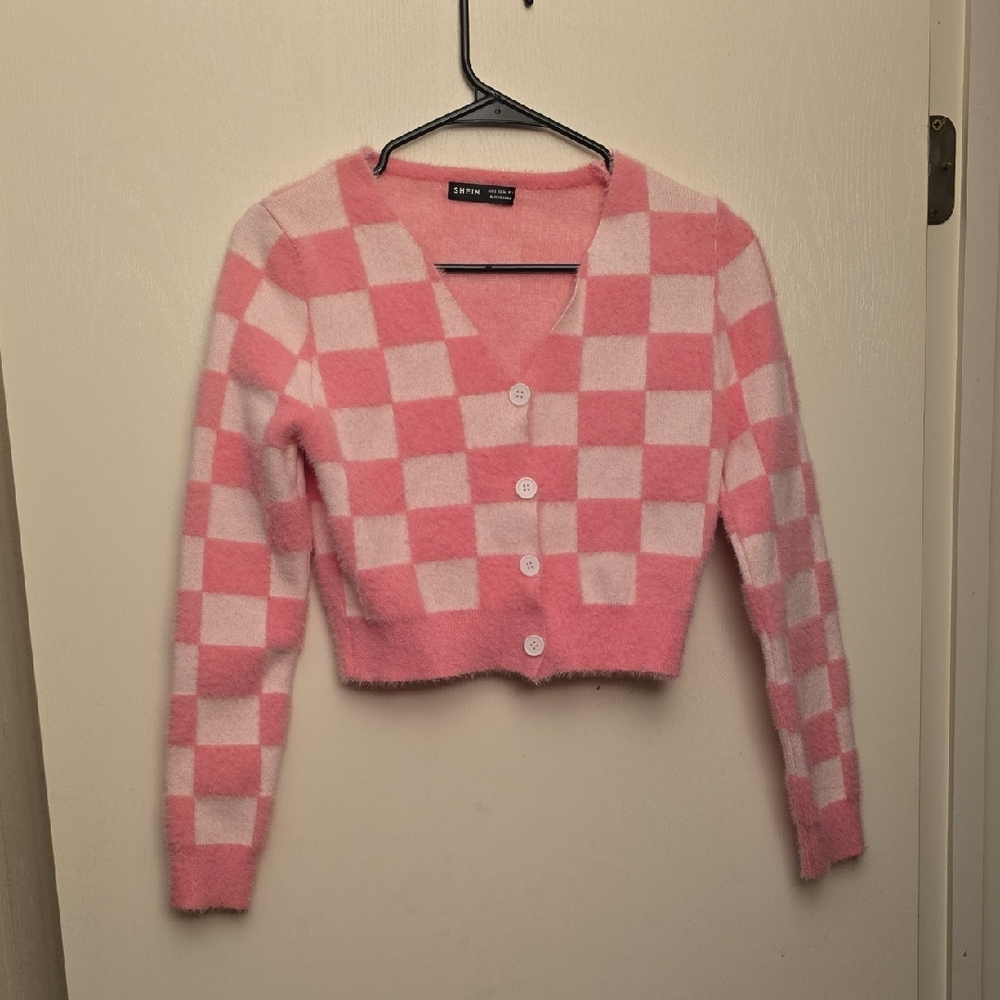 SHEIN Pink and White Checkered Cardigan
